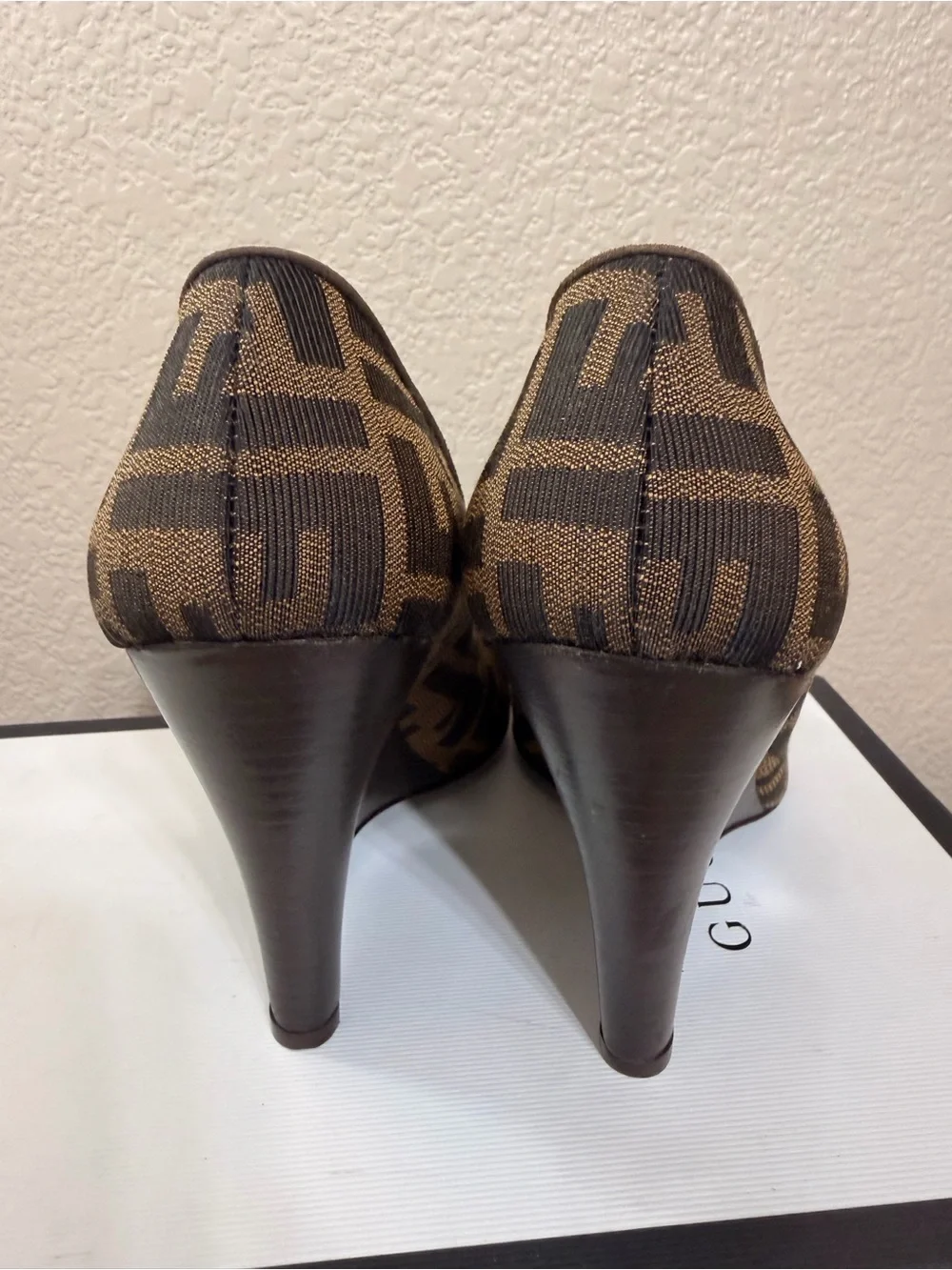 Fendi Brown Monogram Peep-Toe Heels size 38/ 8 in excellent condition